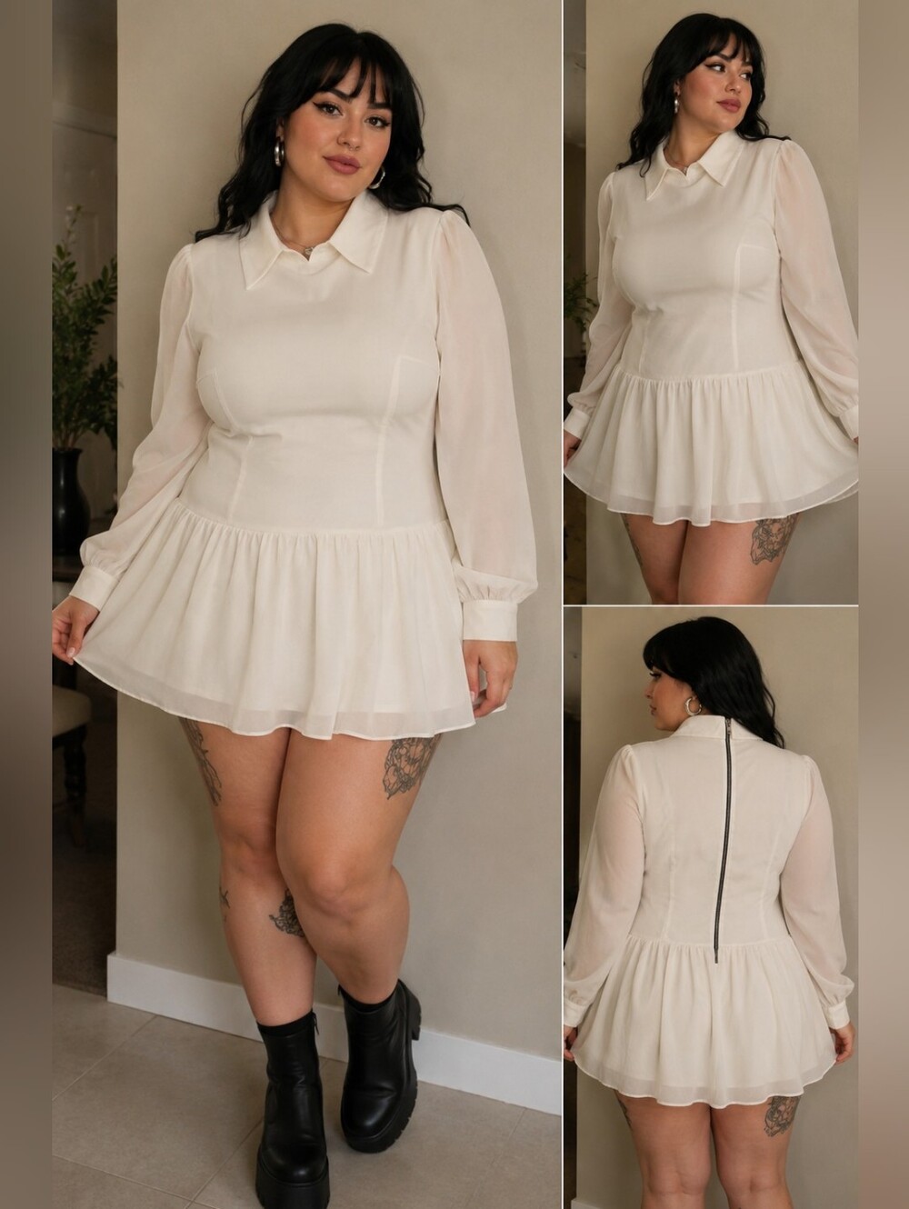 White Long Sleeve Collared Mini Dress